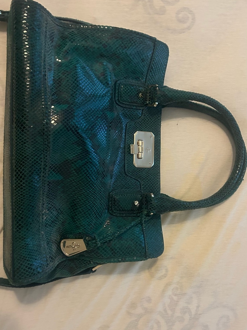 Cole Haan Teal Snake-Texture Satchel with Silver Hardware